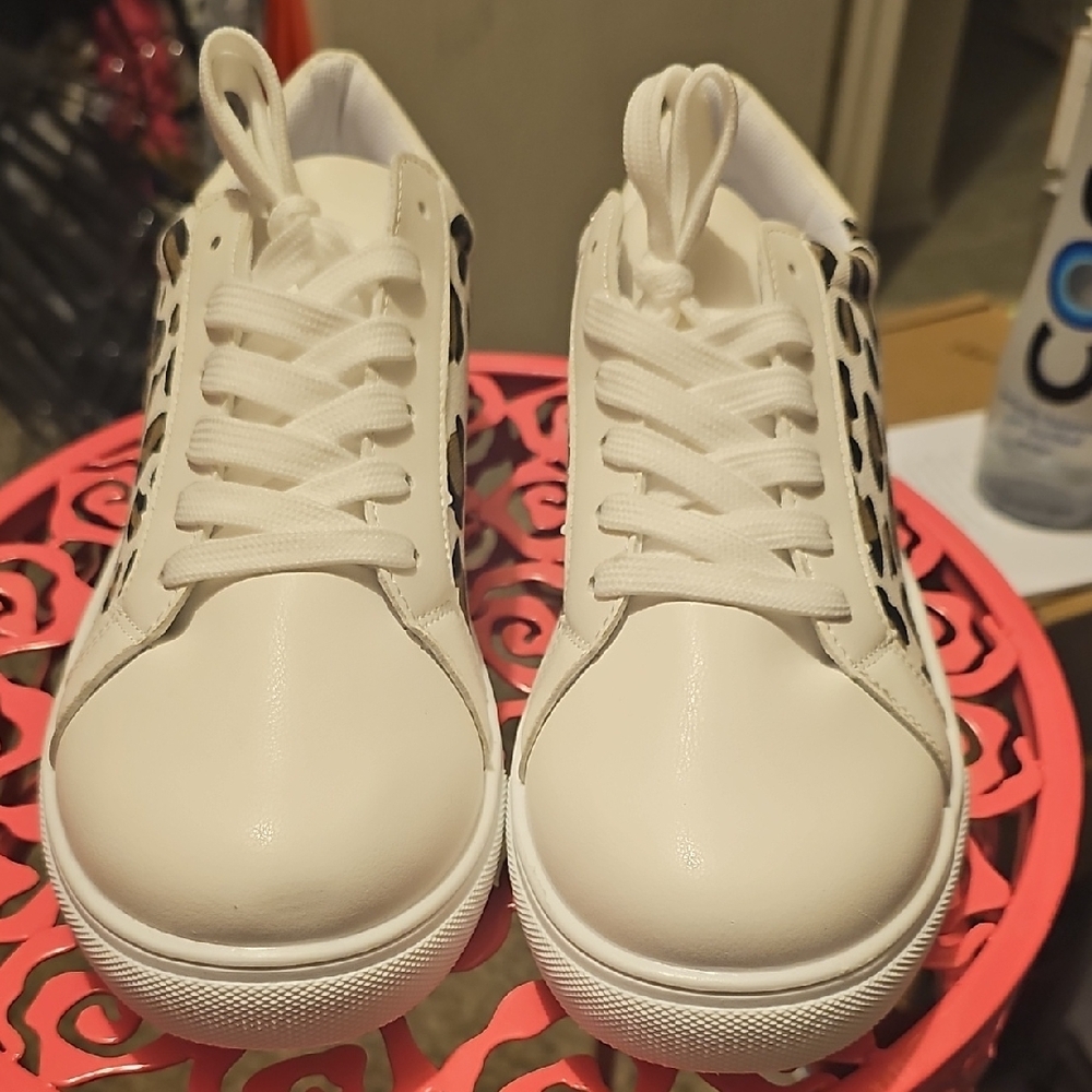 White Sneakers with Leopard Print Accents